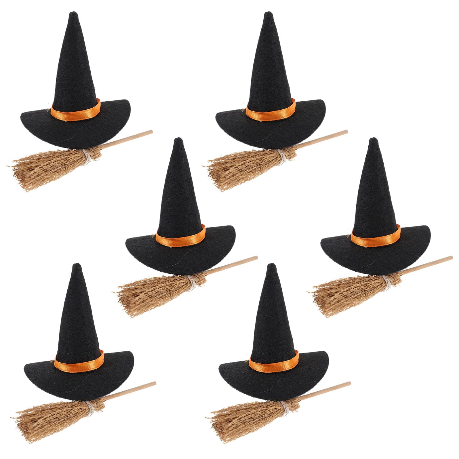 Hohopeti 6 Impostati Cappelli Strega Mini in Tessuto e Mini Scope in Legno per Decorazioni Halloween DIY Cappelli Artigianali Delicati e Accessori Festivi per Feste e Casa