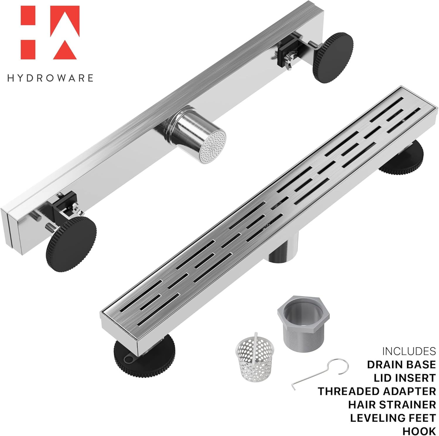 Hydroware Linear Shower Drain - Stainless Steel Rectangular Shower Floor Drain with Removable Patterned Grate , Hair Strainer, Threaded Adapter - Multiple Modern Matte Shower Drain - - 