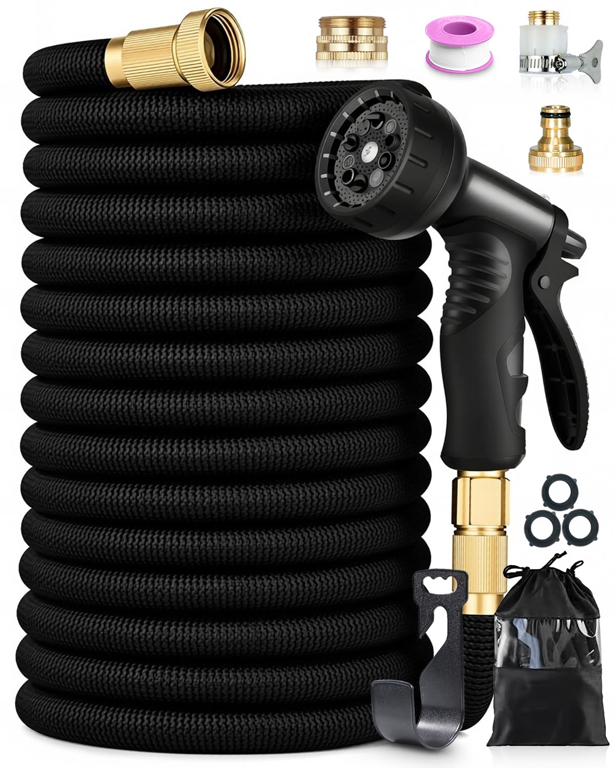150FT Expandable Garden Hose Pipe, Flexible Kink-Free Garden Hose with 10-Function Spray Nozzle, Leak-Proof 4-Layer Latex Core, Durable 3750D Fabric, Universal 1/2" & 3/4" Fitting, for Car Wash, Black
