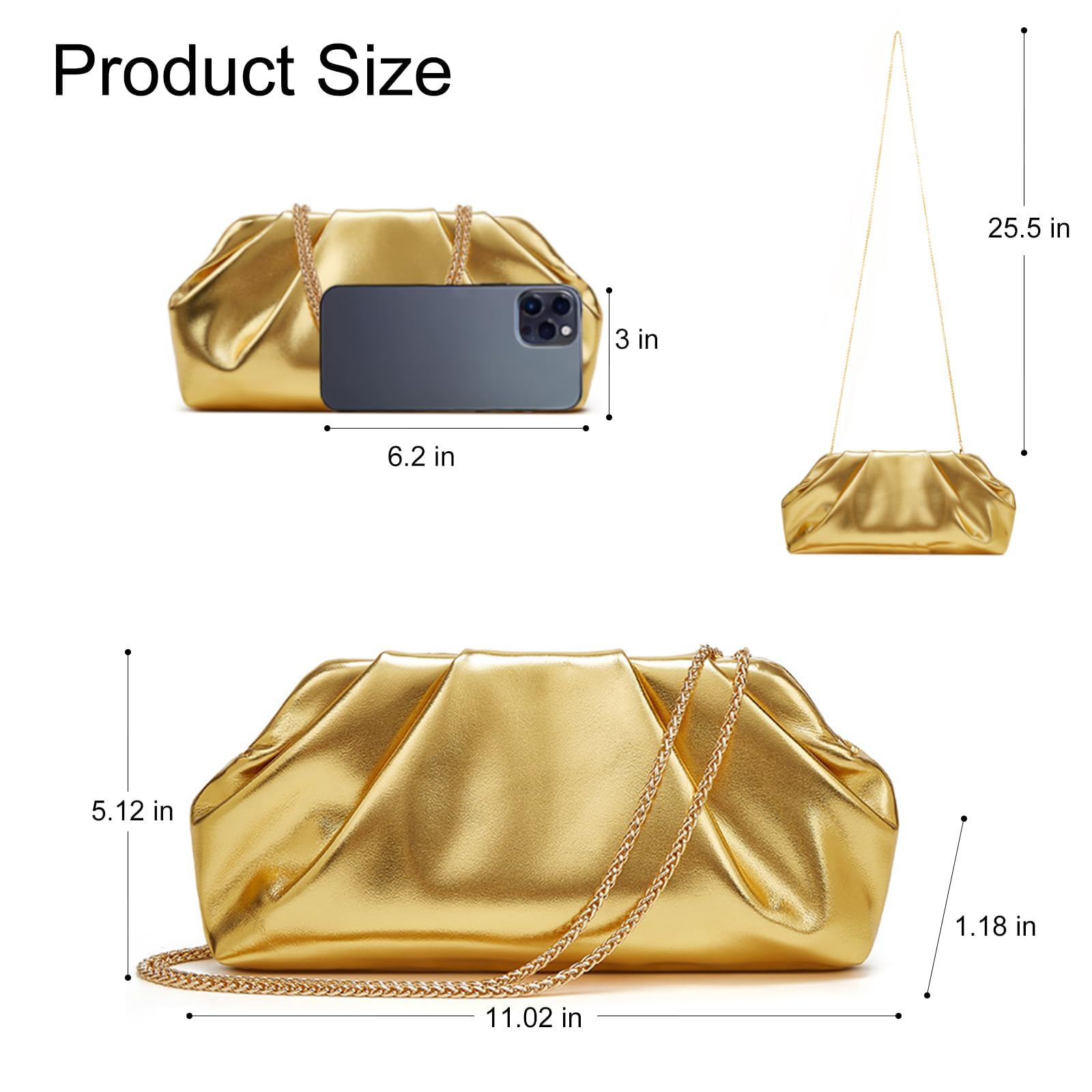 Elegante Abendtasche Damen Gold, Plissee Clutch Tasche aus PU Leder mit Abnehmbarer Kette, Goldene Handtasche für Hochzeit, Party oder Abendessen, Stilvolle Damen-Clutch mit Kreatives Design