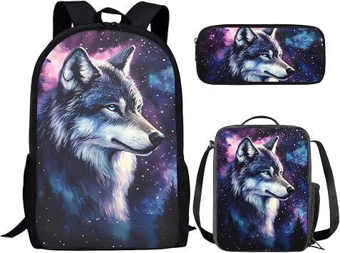 SEANATIVE Boys Back to School Backpack Large Tops Purple Galaxy Wolf Canvas Schoolbag with Zipper,3 Pieces Satchel with Thermal Insulted Lunch Bag and Pencil Case Daypack