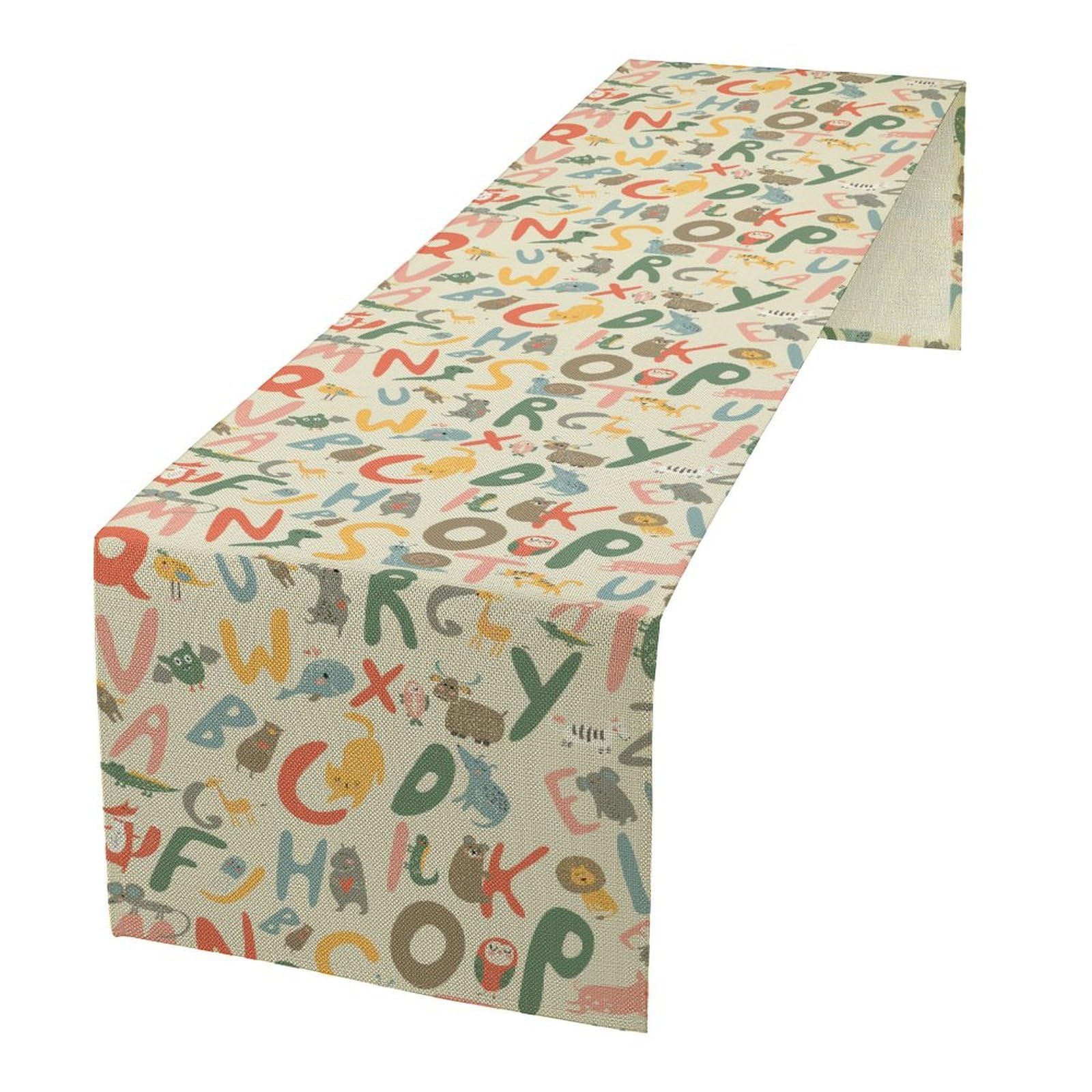 Kids Alphabet Table Runner, ABC Letter Educational Cartoon Animals Pattern for Home Kitchen Table Decor Dining Coffee Room Party Decor 13x36in