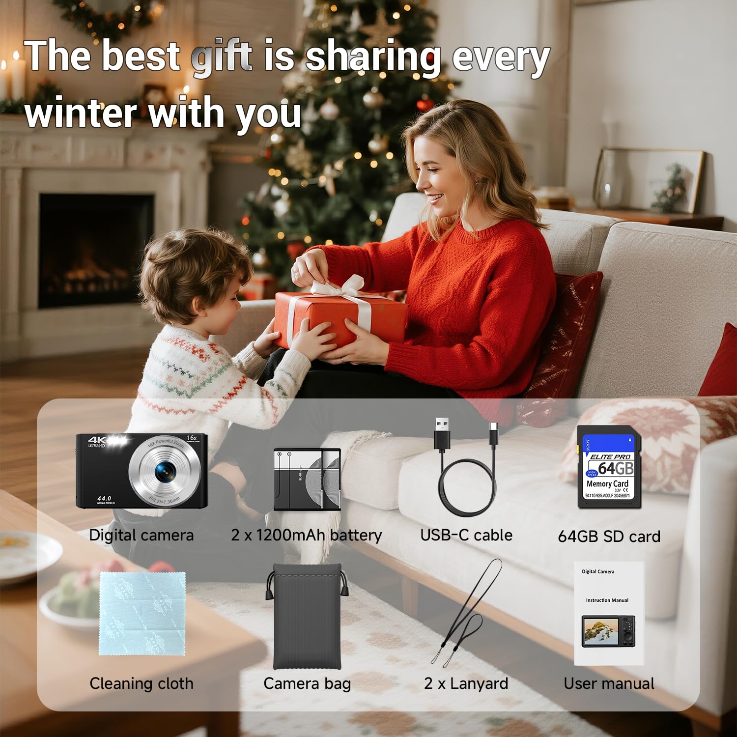 Fotocamera digitale 4K, 2026, fotocamera nera per adolescenti, autofocus, fotocamera digitale per bambini con zoom 16X, scheda SD da 64 GB, piccola fotocamera compatta per ragazzi, ragazze