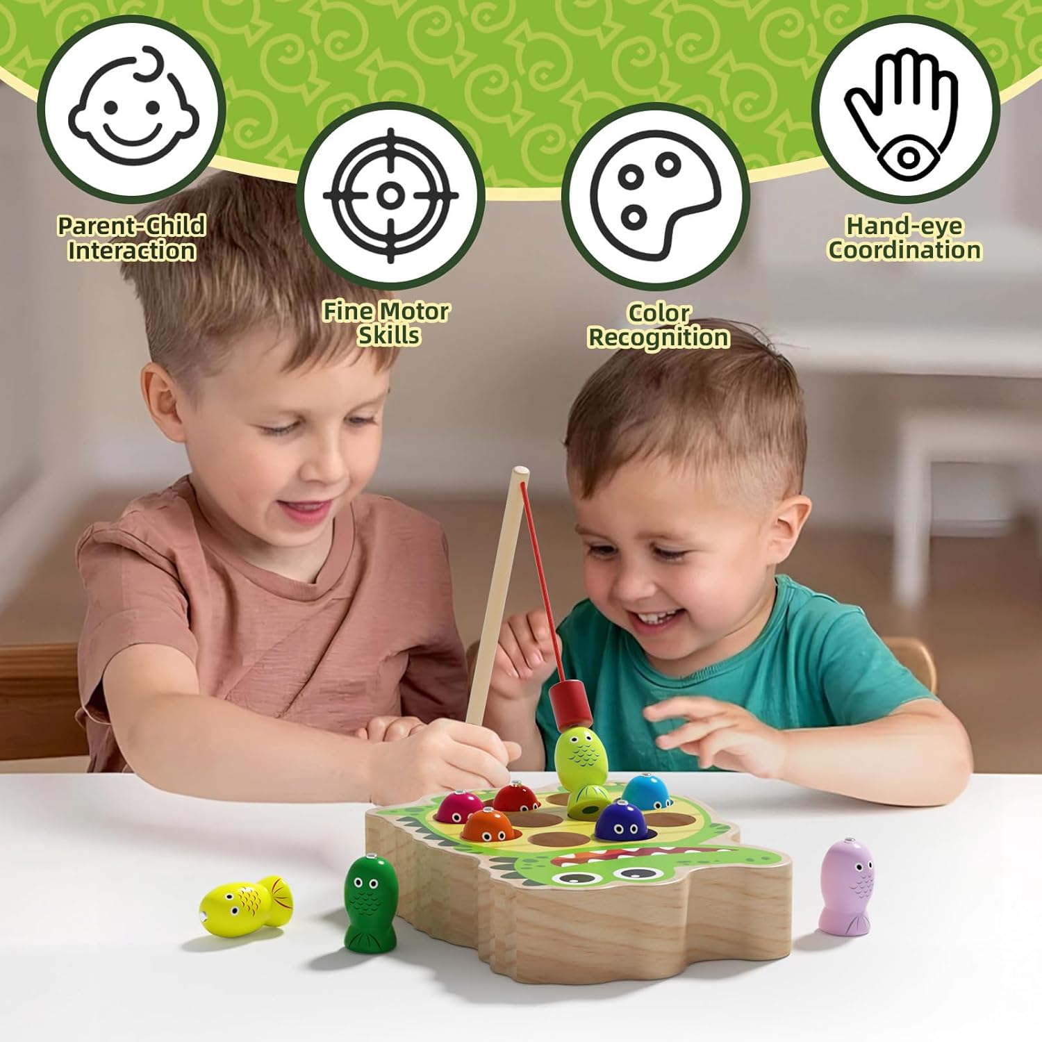 Magnetic Wooden Fishing Toy for Toddlers 2-4, Crocodile Montessori Toys for 2 3 4 Year Old, Fine Motor Skills Early Educational Learning Toy for Kids Boys Girls (Crocodile)