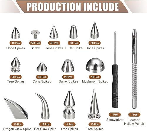 Miniatura 2 de uxcell 270 juegos de tachuelas y picos de forma mixta, 13 tamaños de clavos de cono remaches de cuero con herramientas de instalación para cuero,