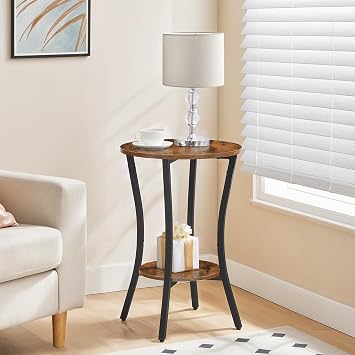 HOOBRO Round Side Table, 2 Tier Small Bedside Table, Round Sofa Side Table with Storage Shelf, Small Tables Coffee Table Hallway for Living Room, Sturdy, Rustic Brown and Black EBF180BZ01G1