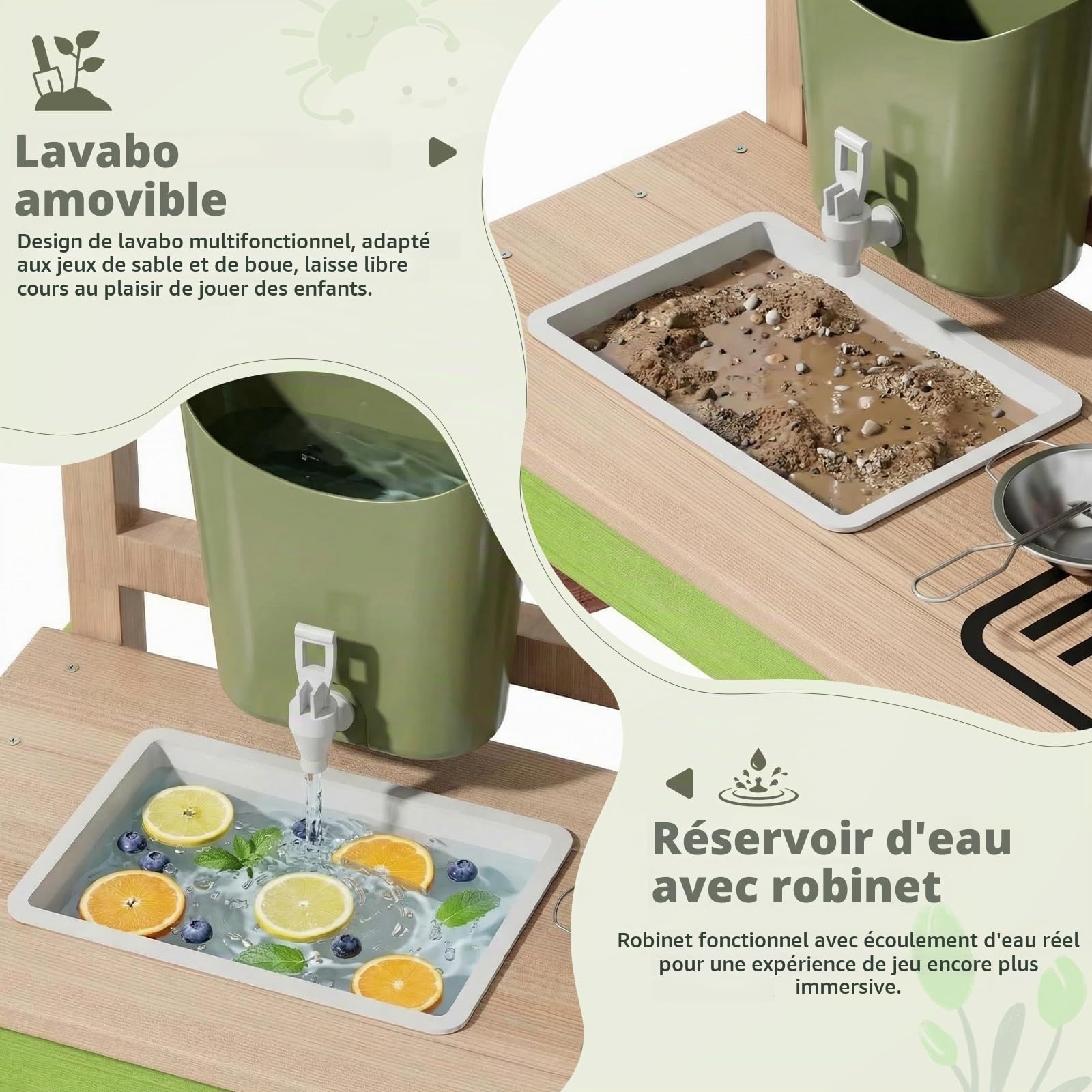 MAMIZO Cuisine Enfant Extérieure en Bois, Jardin Cuisine Jouet avec Roues, Robinet Fonctionnel, 4PCS Jardinières, Tableau, Étagères et évier, 88,5x33,5x85 cm, pour Les Enfants de 3 à 8 Ans