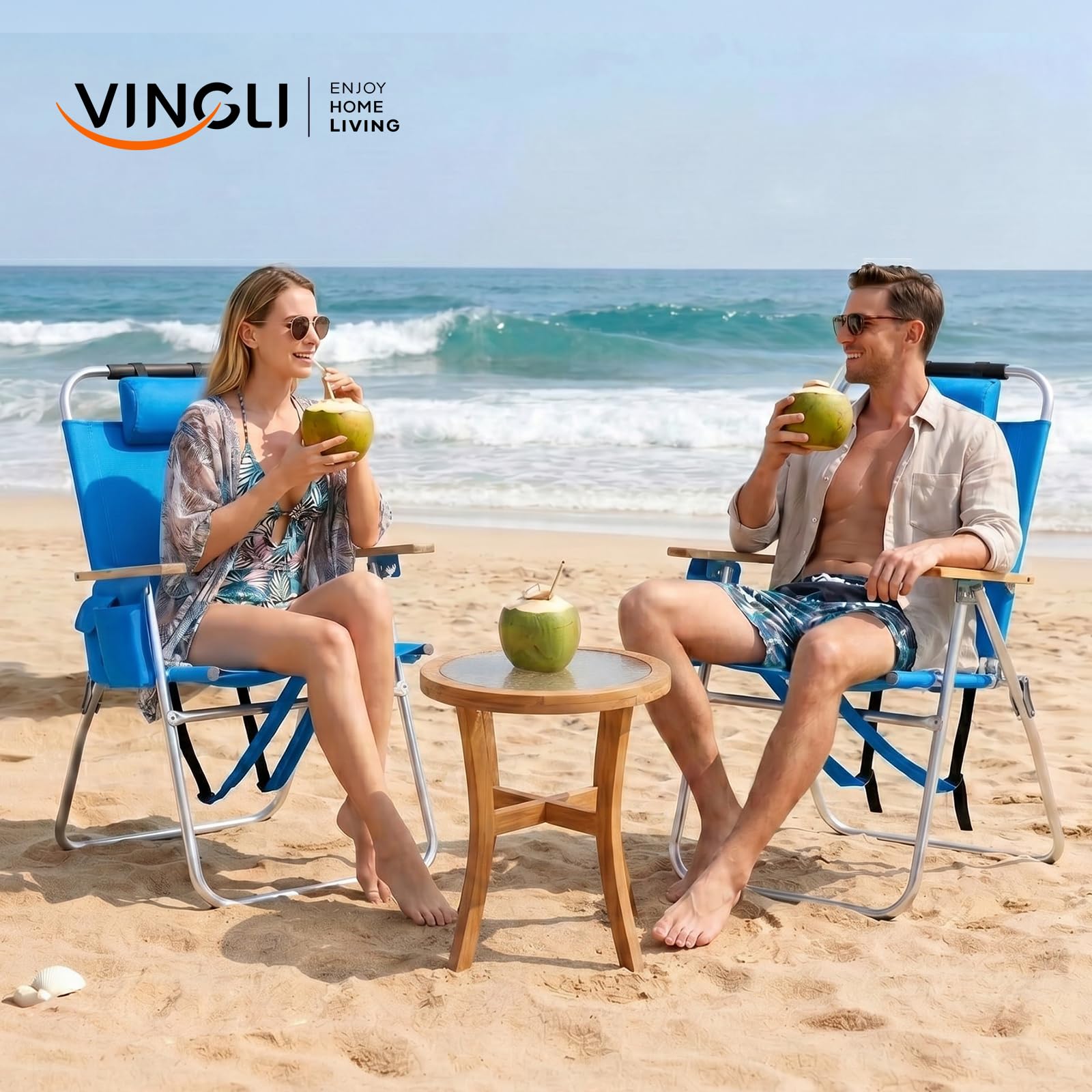 VINGLI Spiaggina Pieghevole e Portatile in Tessuto Oxford 3kg, Sedia Mare Regolabile in 3 Posizioni con Tracolla, Cuscino e Braccioli, Sdraio da Giardino, Balcone e Spiaggia, Blu