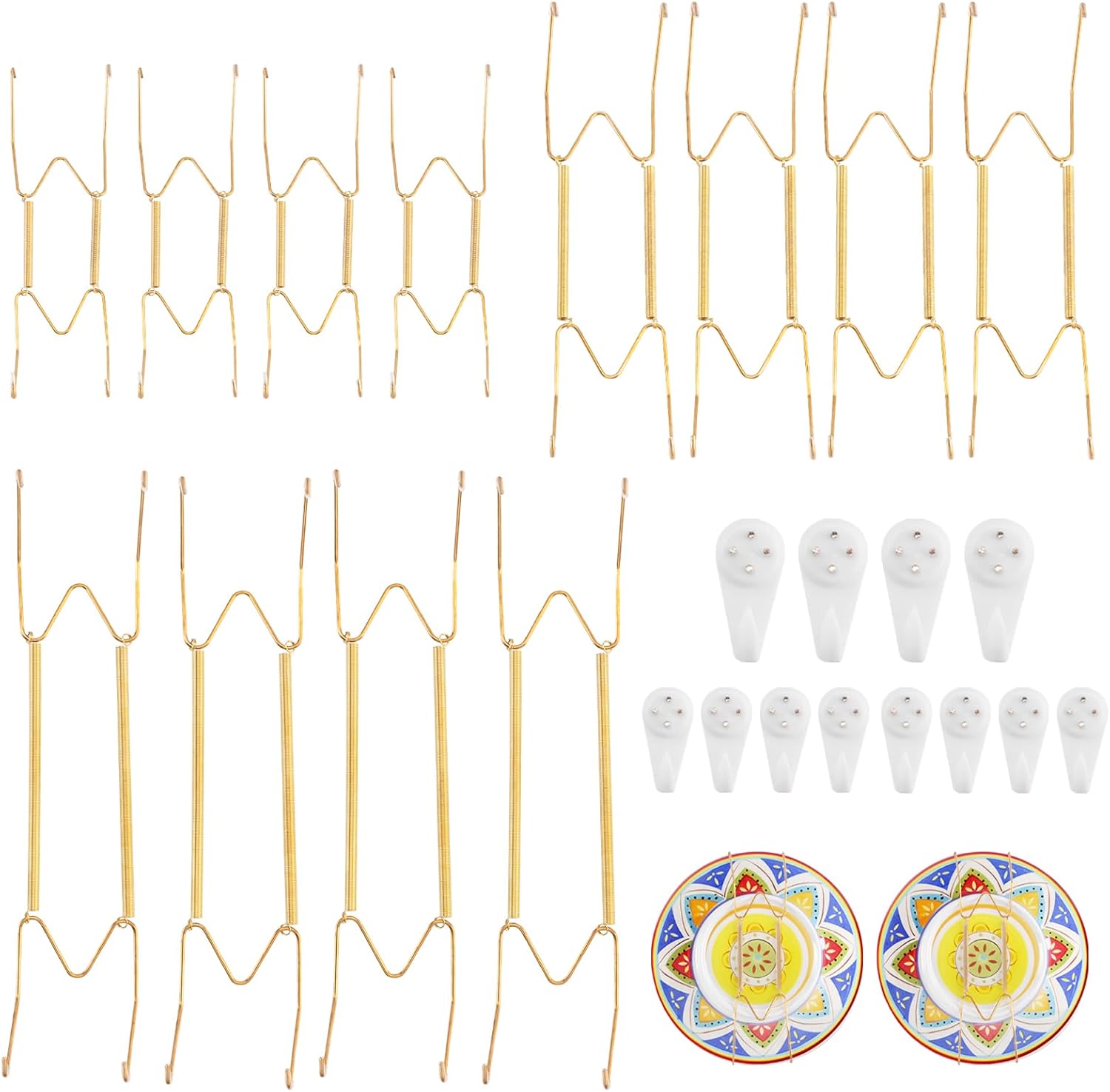 12 Pack Plate Hangers for The Wall, Invisible Heavy-Duty Stainless Steel Wire Plate Hangers for Display with 12 Pieces Hooks for Wall Decorative/ Platter/Plates/Picture (8/10/12 Inch, Gold)