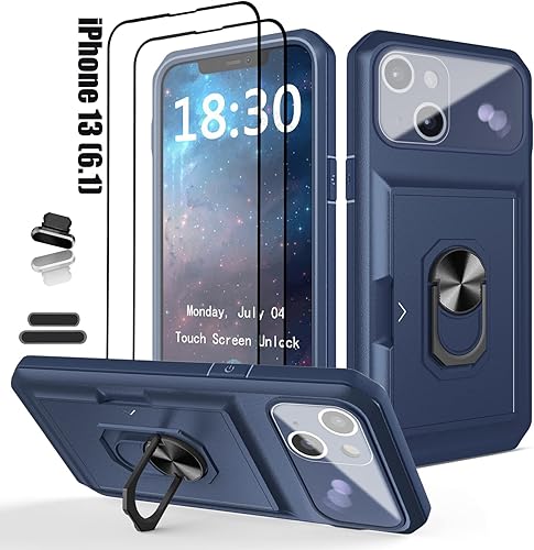 Miniatura 8 de Funda tipo cartera para iPhone 13, ranura para tarjeta de crédito, diseño portátil, resistente de doble capa híbrida acolchada de goma protectora