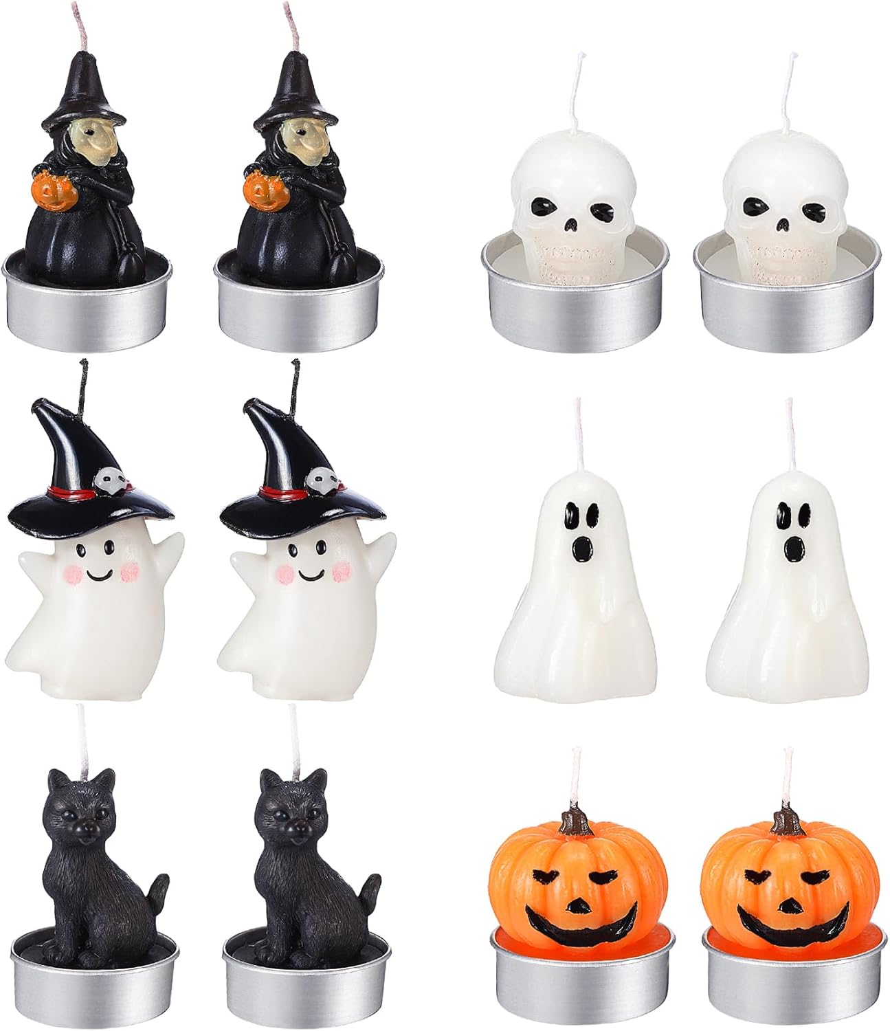 Rossesay 12 PCS Halloween Decoration Ghost Candles Pumpkin Skeleton Cat Witch Cute Mini Candles White Soy Wax Horror Tea Lights Spooky Set for Autumn Halloween Party Home Decorations