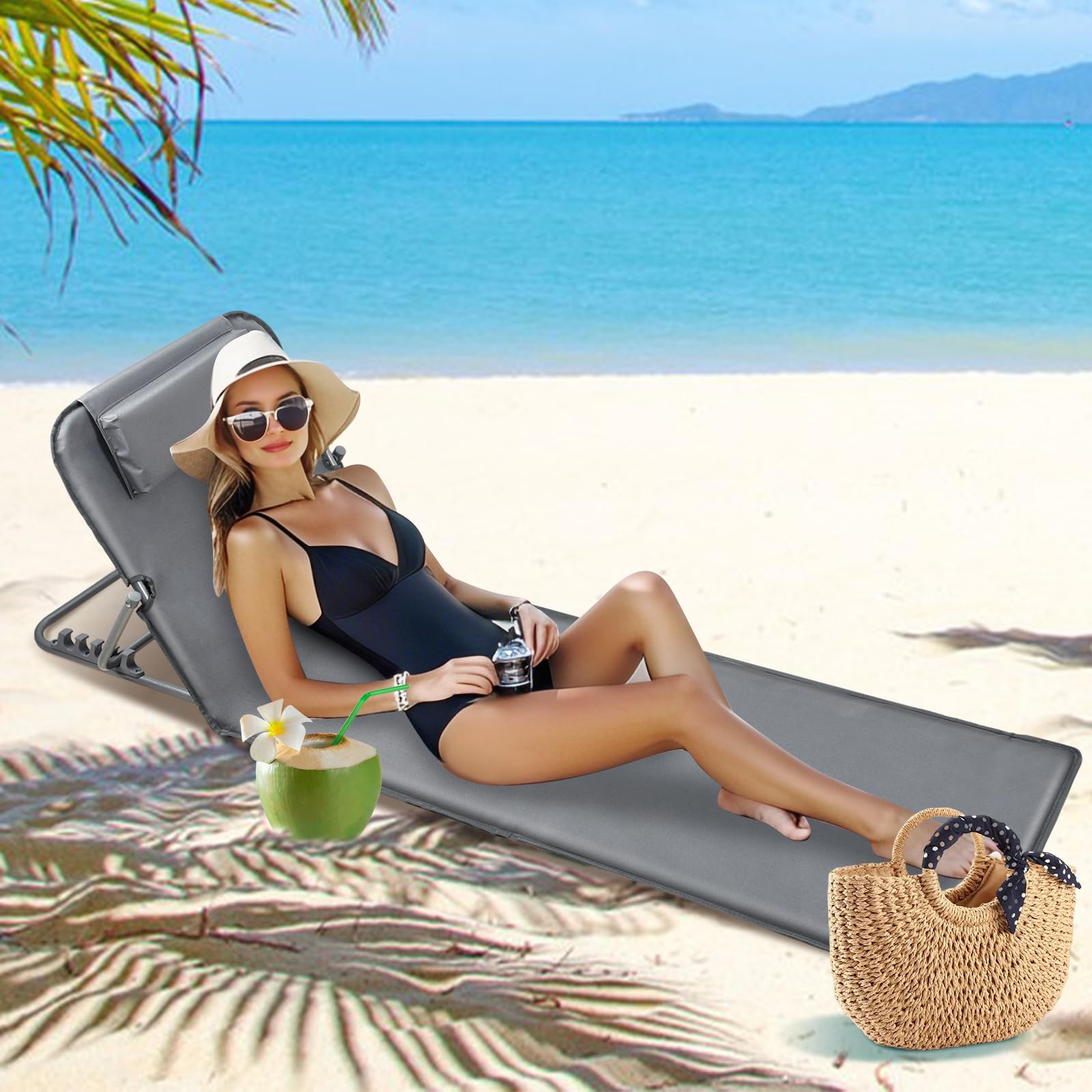 Lot de 2 Bain de Soleil, Chaise Longue, Tapis de Plage, Transat de Plage, avec Appui-tête - Bandoulières - Dossier Réglable 5 Positions, pour Camping, Jardin, Piscine, 160 x 52 cm, Gris