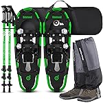 Odoland 4-in-1 Snowshoes Snow Shoes for Men and Women with Trekking Poles, Carrying Tote Bag and Waterproof Snow Leg Gaiters, Lightweight Aluminum Alloy Snow Shoes, Green, Size 25\'\'