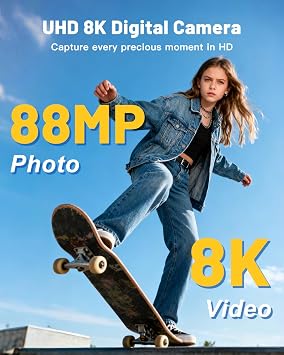 8K Digital Cameras for Photography, 88MP WiFi Vlogging Camera for YouTube Autofocus with 3.2 Touch Screen,Dual Camera,Flash,16X Digital Zoom Travel Cameras Anti Shake with 64GB Card,2 Batteries