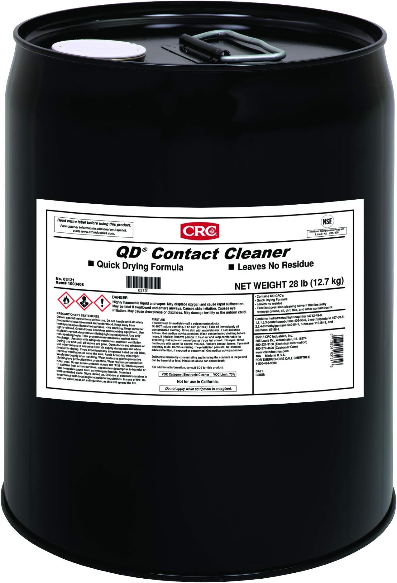 CRC QD Contact Cleaner, 5 Gallon Pail, Clear