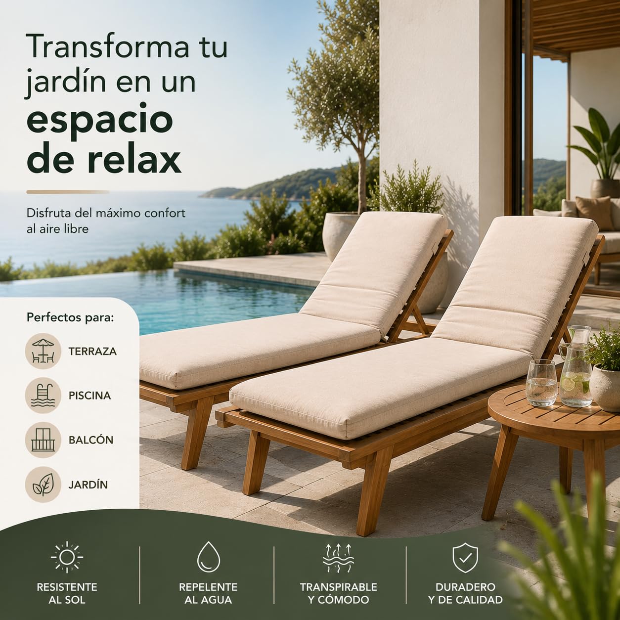 TIENDA EURASIA - Cojin Tumbona Exterior | Pack 2 Colchonetas | Medida 180 x 50 x 6 cm | Funda de Loneta con Cremallera Lavable | Relleno de Fibra Hueca Acolchada (Crudo)