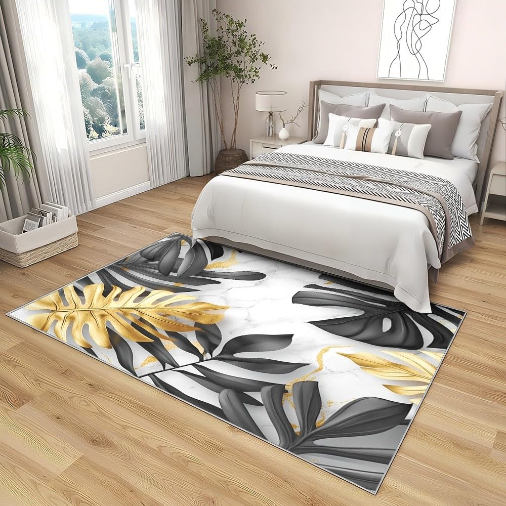 Genérico Flanelowe dywaniki do pokoju antypoślizgowe 160 x 230 cm tropikalne liście roślina miękka nieblaknąca mata podłogowa, czarne złoto dywaniki do wnętrz do salonu, sypialni, jadalni