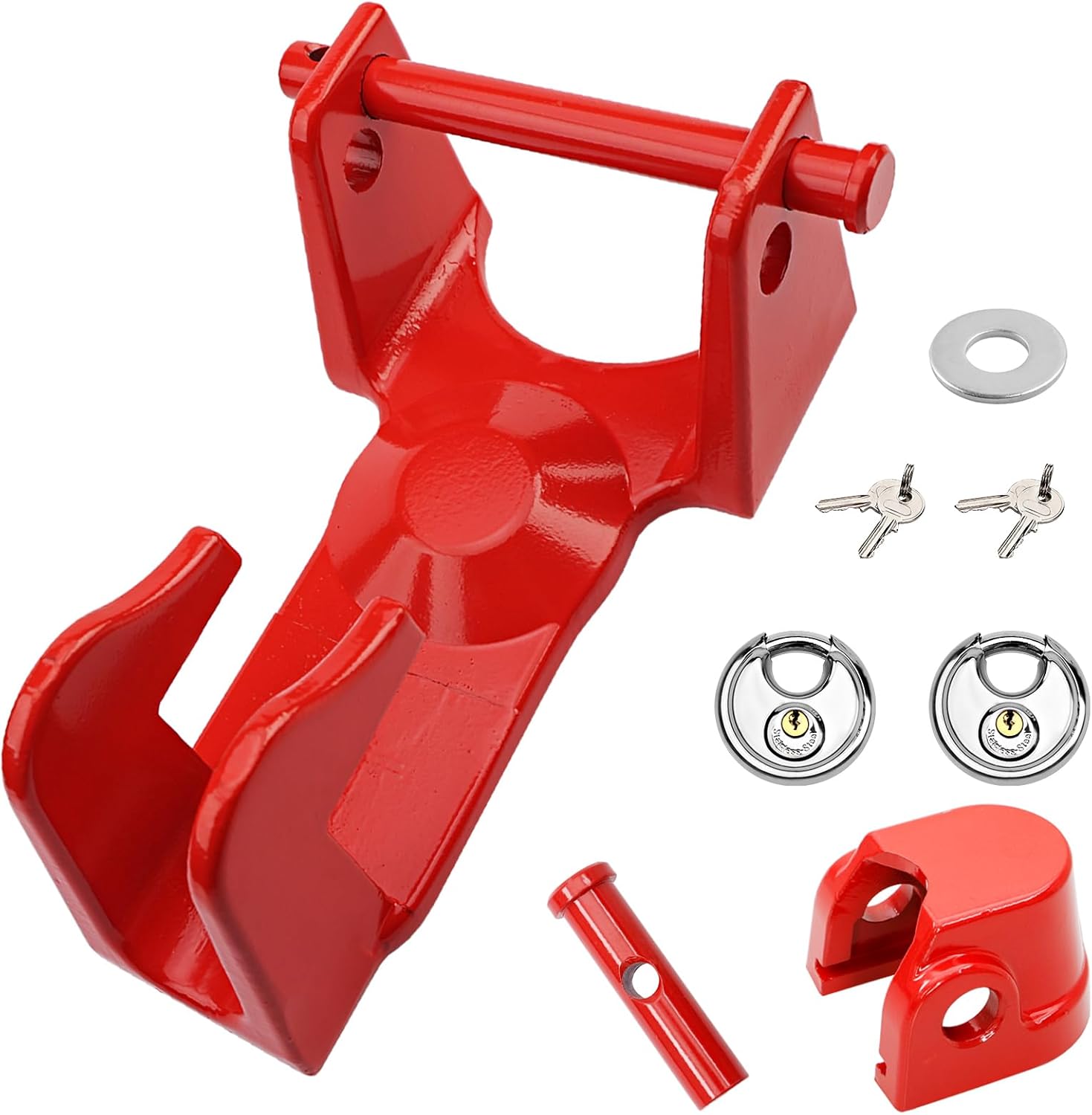 HQPASFY Gooseneck Trailer Lock Combo - Includes Gooseneck Coupler Lock, Adjustable Sleeve Lock, and 2 Keyed Padlock Fit for RV's, Livestock Haulers, Heavy Duty Trailers - Red