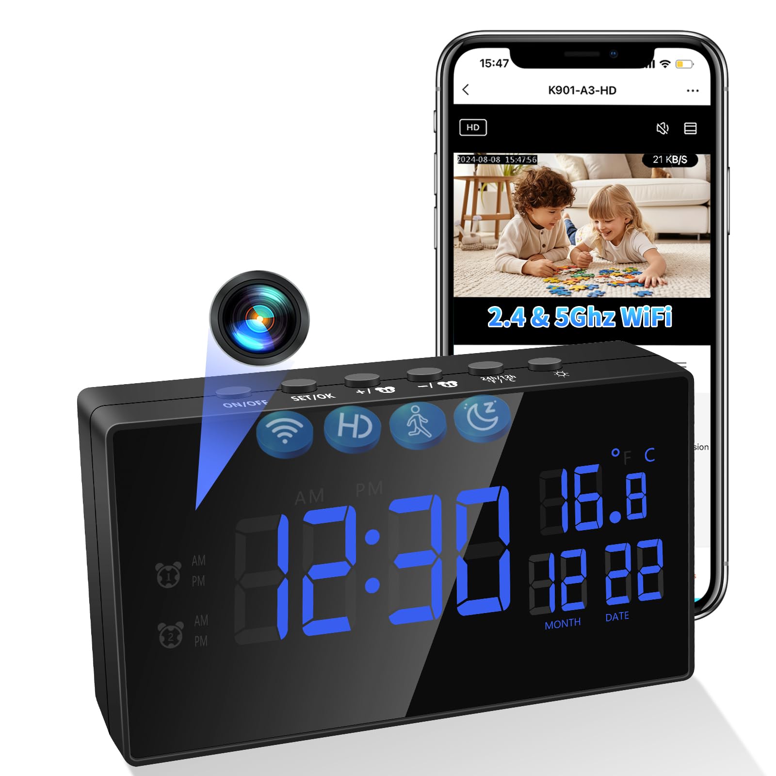 Telecamera Spia WiFi 2.4/5G, HD 1080P Telecamera Nascosta | Mini Telecamera Spia Nascosta con Visione Notturna, Rilevamento del Movimento, Wi-Fi, APP Vista a Distanza