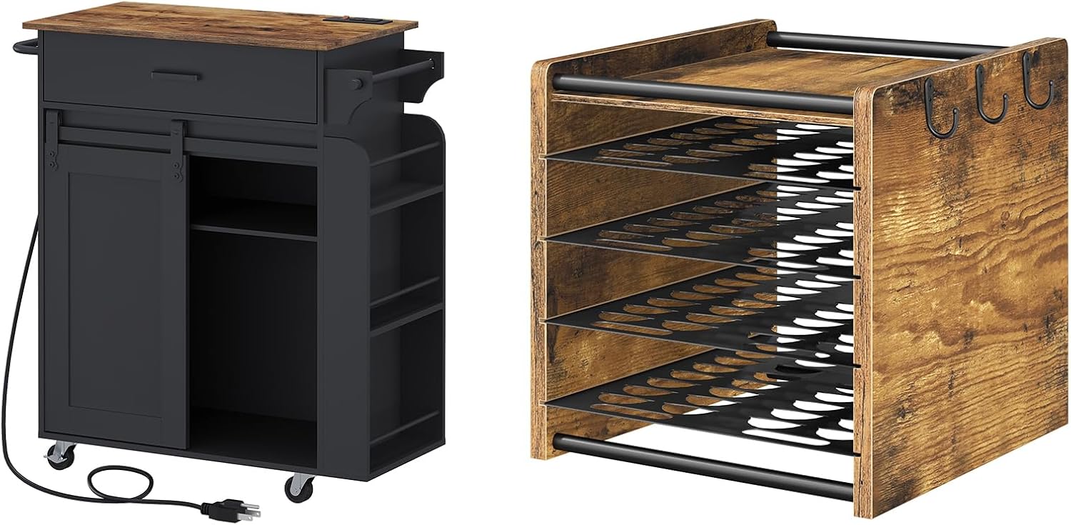 Kitchen Island with Storage, Kitchen Storage Cabinets with Charging Station, Coffee Pod Drawer Holder, ZD01UBR-KH16BR