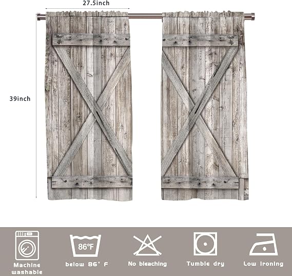 Farmhouse Western Kitchen Window Curtains Rod Pocket Small Short Cafe Wooden Barn Door Country Rustic Natural Farm House Drapes 2 Pannels for Living Bedroom Decoration Decor 27.5X39 inch