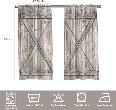 Farmhouse Western Kitchen Window Curtains Rod Pocket Small Short Cafe Wooden Barn Door Country Rustic Natural Farm House Drapes 2 Pannels for Living Bedroom Decoration Decor 27.5X39 inch
