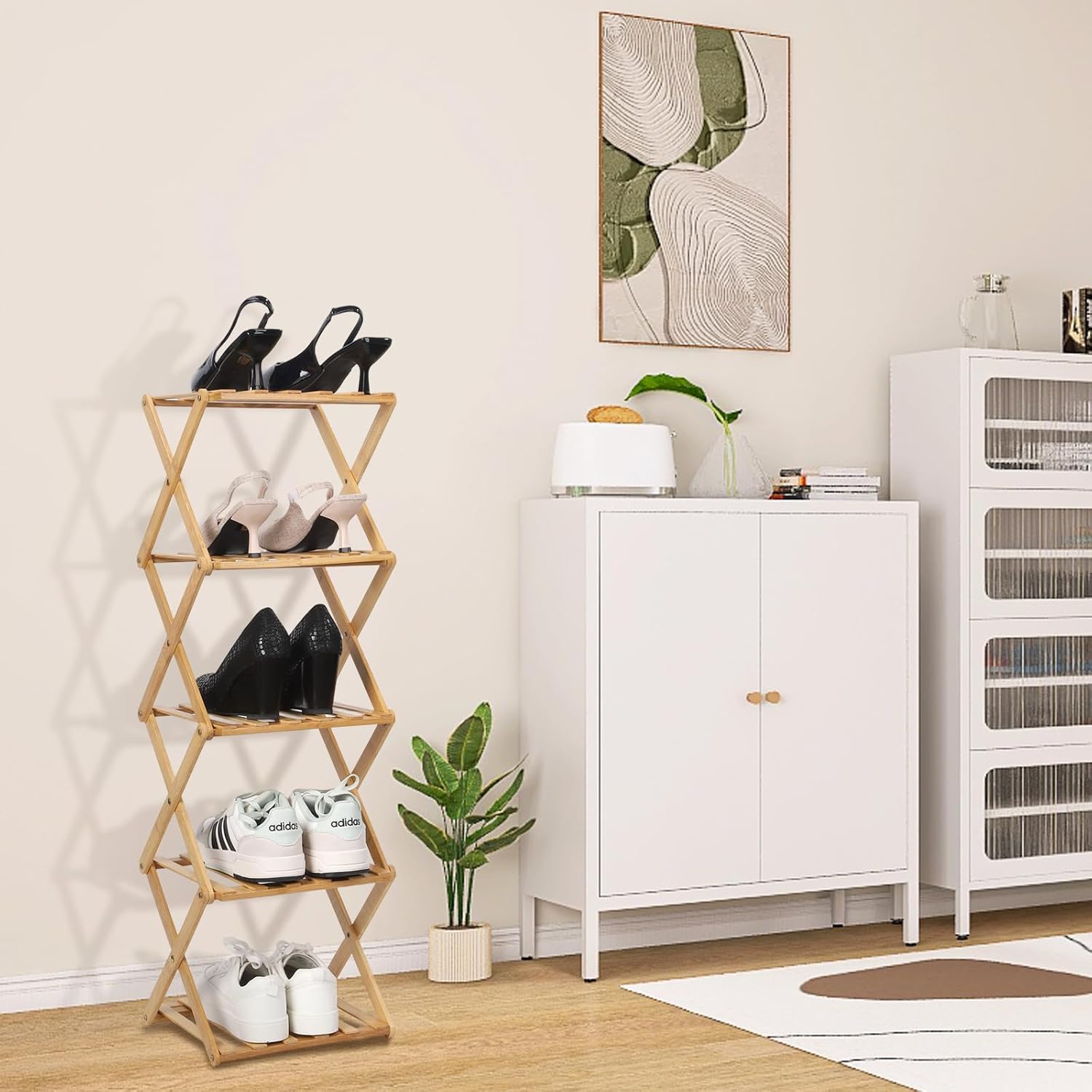 Bamboo Shoe Rack 5 Tier Foldable Shoe Rack Vertical Bamboo Shoe Organizer Free Standing Shelf for Entryway, Closet, Bedroom, Wood Color
