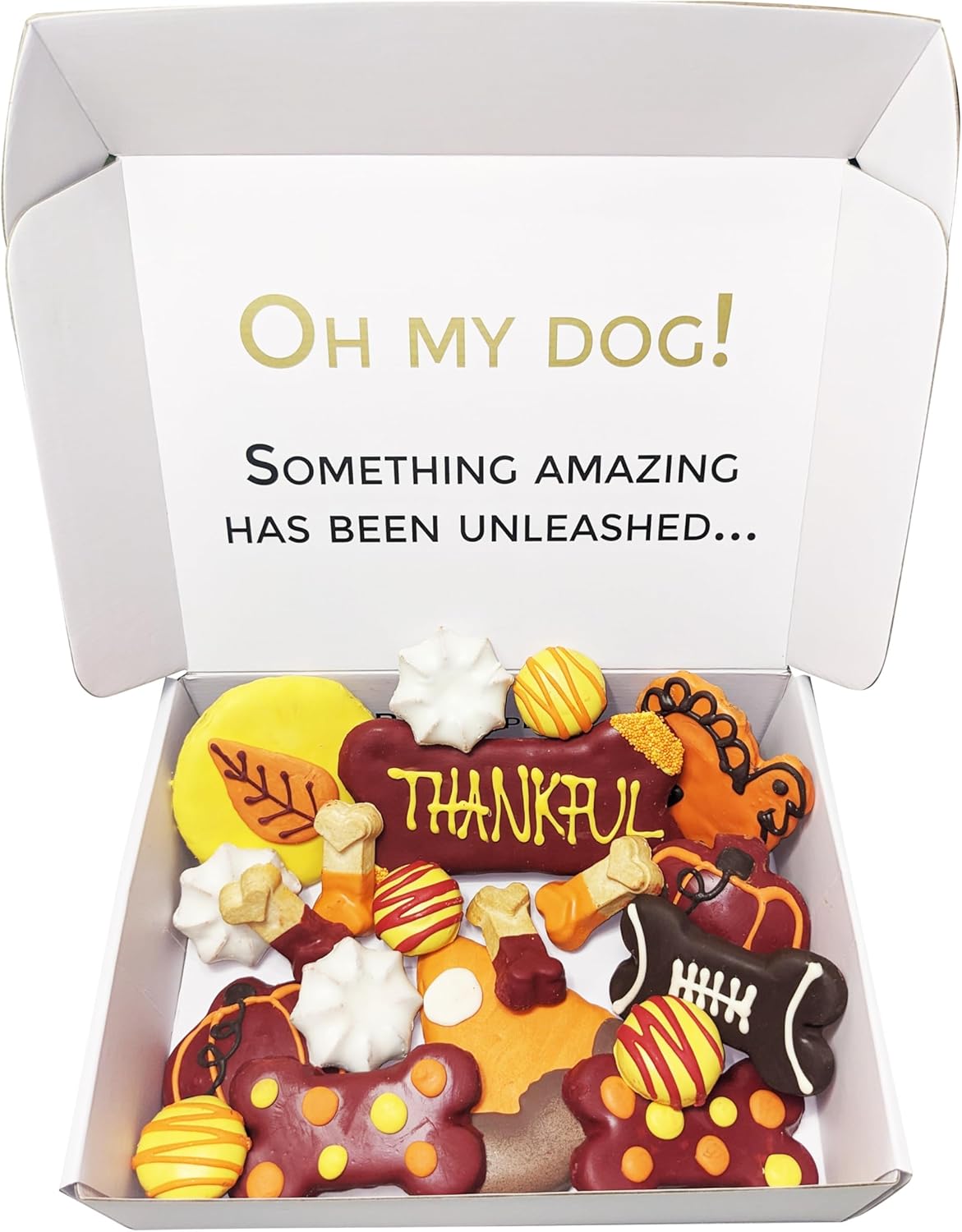 Bonne et Filou Thanksgiving Dog Treats, Gourmet Gift Box, 22 Festive Fall Themed Macarons, Truffles & Bone Cookies, Healthy Snacks for Medium to Large Dogs (22 Count)