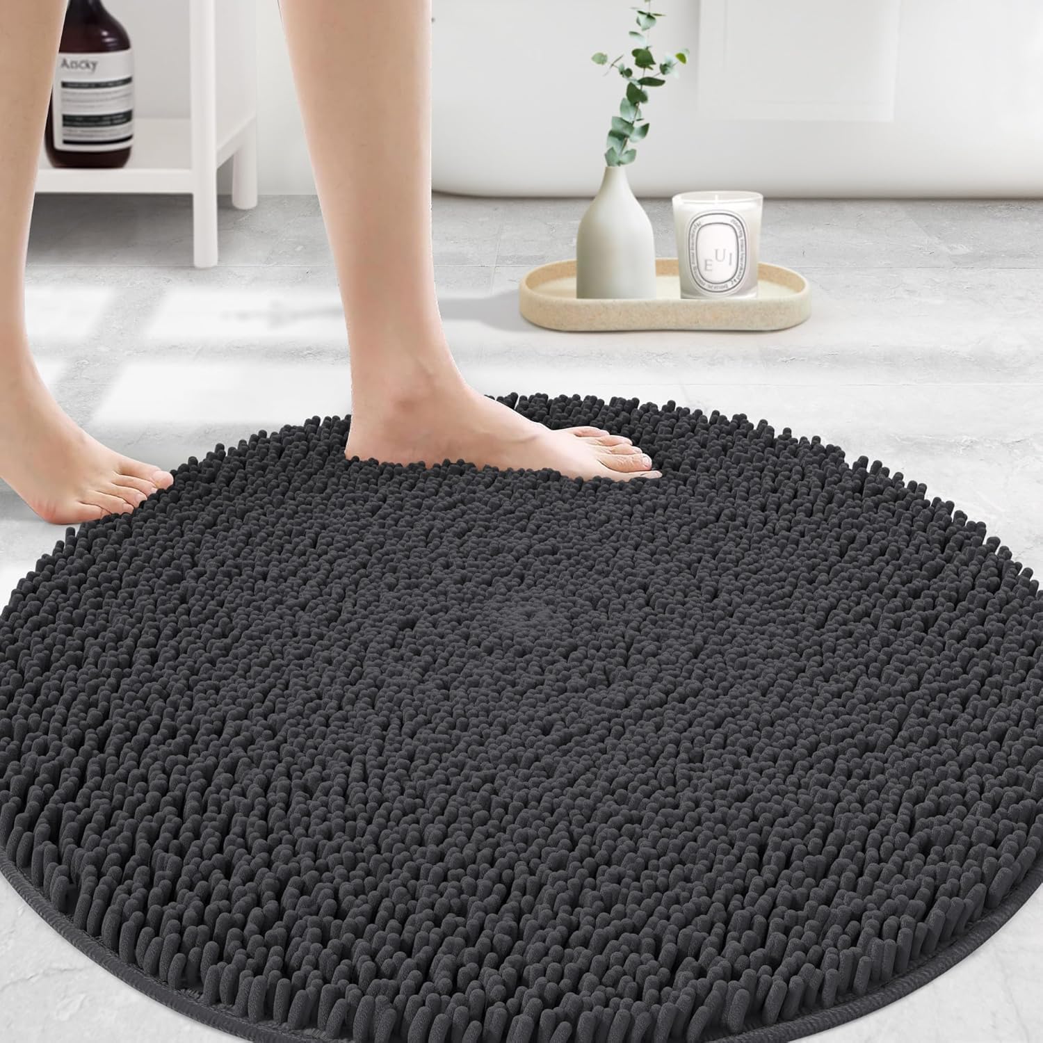MAYSHINE Round Area Rug Set for Bathroom | Soft Plush Chenille Bath Mat, Water Absorbent Non-Slip Bathroom Rug | Washable Shag Carpet, Bedroom, or Home Décor | 36"x36" (Round) | Charcoal Gray