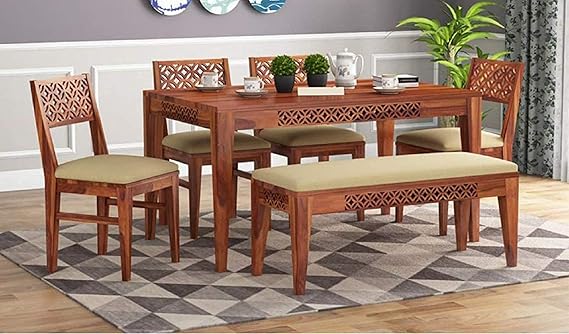 Swangia Art Solid Sheesham Wood Dining Table Set 6 Seater | Wooden Dining Table with 4 Cushioned Chairs & 1 Bench | Spacious 6 Seater Dining Set for Living Room, Home, Hotel & Restaurant| Honey Finish