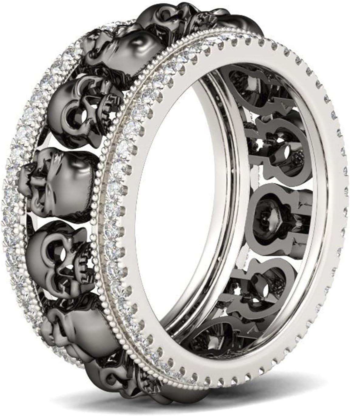 Jeulia Black Skull Rings for Women Mens Sterling Silver Biker Band Style Rings Two Tone Plated Stackable Wedding Bands White Diamond Bridal Set Engagement Anniversary Promise rings for Her