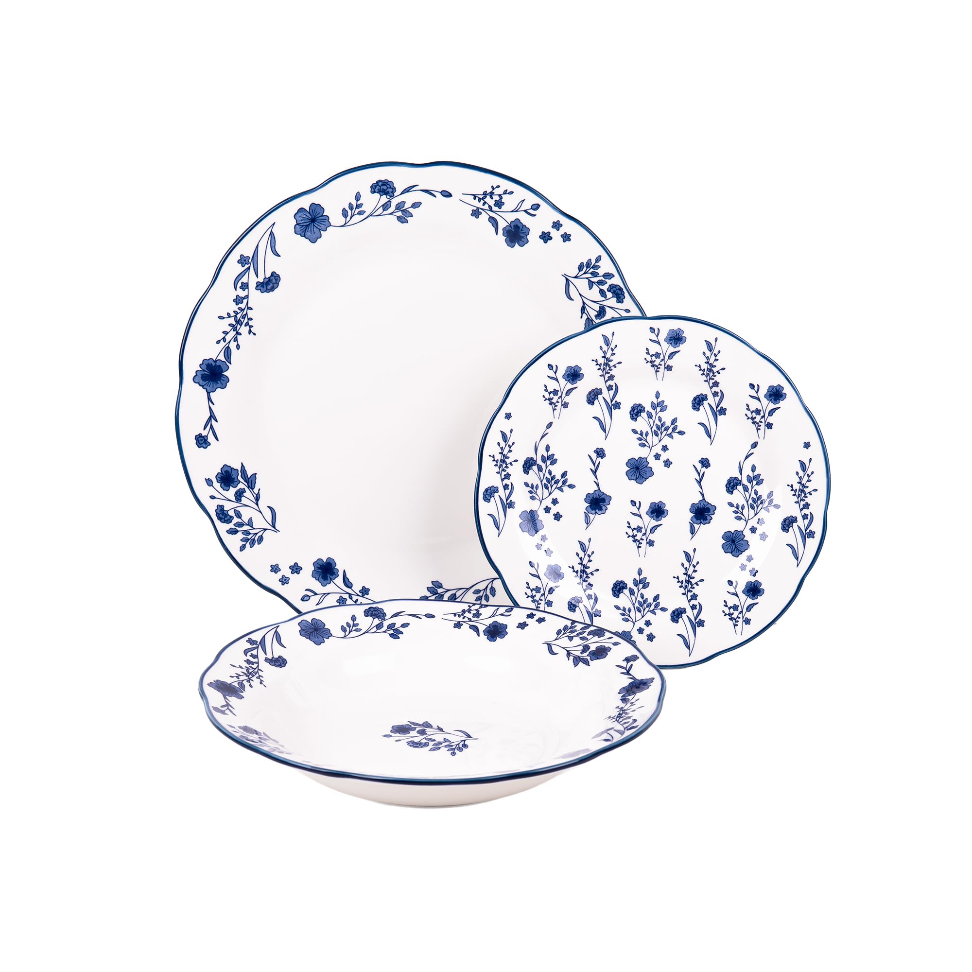 Cofan Servizio da tavola in porcellana smaltata | Set da 18 pezzi | motivo floreale blu e bianco | Lavabile in lavastoviglie, forno a microonde e forno