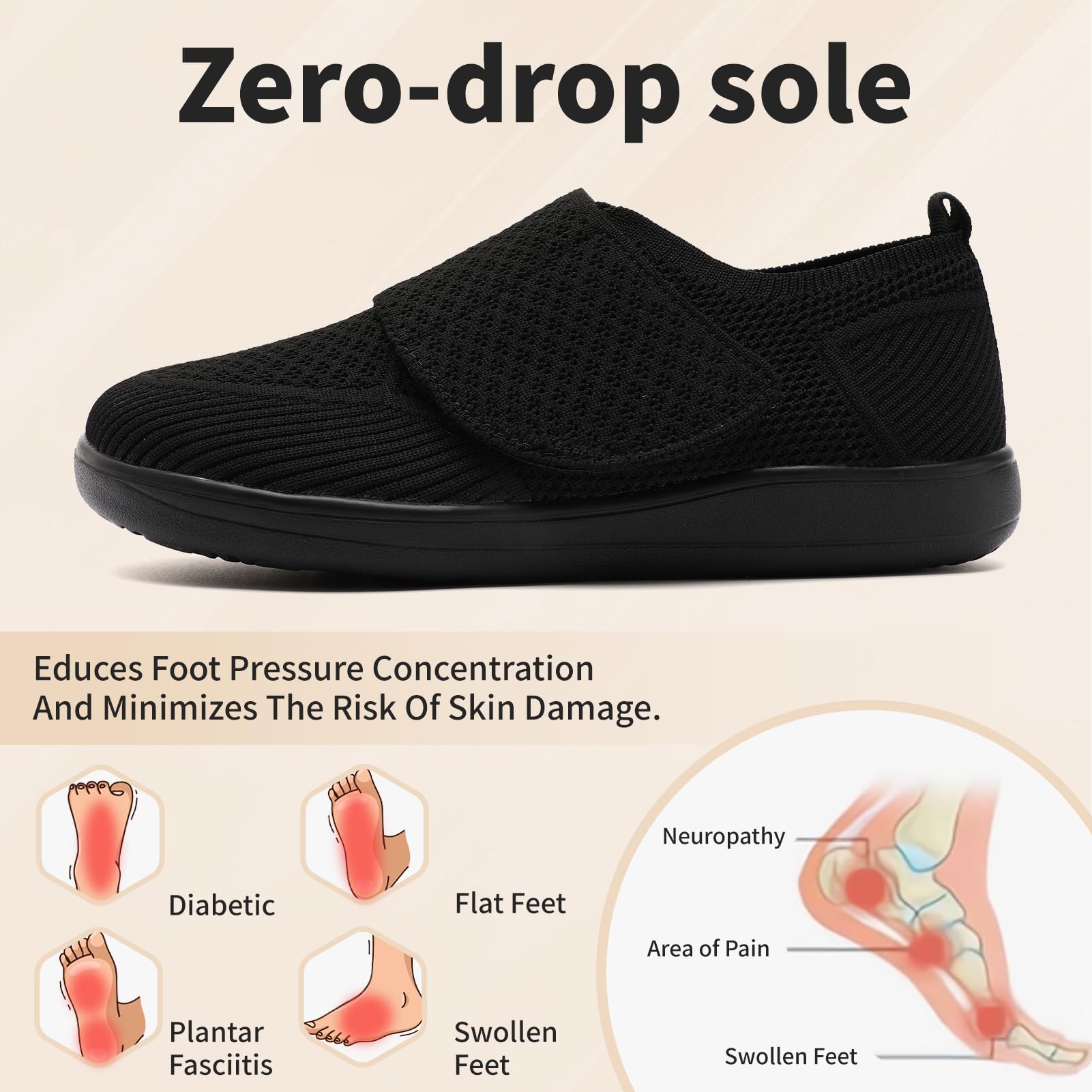 Scarpe da uomo per diabetici da uomo, ortopediche, larghe, senza lacci, da camminare, linfedema, neuropatia, piedi gonfi, piedi nudi, zero cadute, antiscivolo, comode, traspiranti, leggere