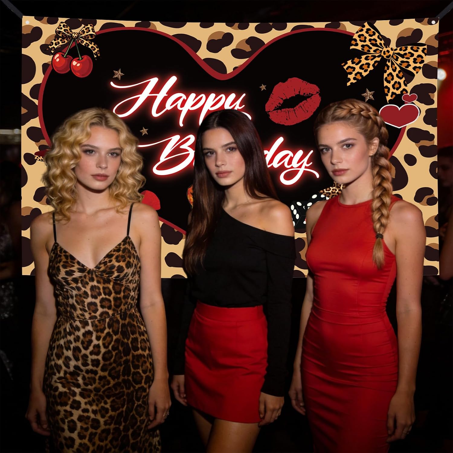 Cheetah Print Birthday Decorations - Y2K Red Cherry Leopard Pattern Happy Birthday Backdrop Banner for 20th- 70th Women Bday Photo Booth Decor, 3x5FT