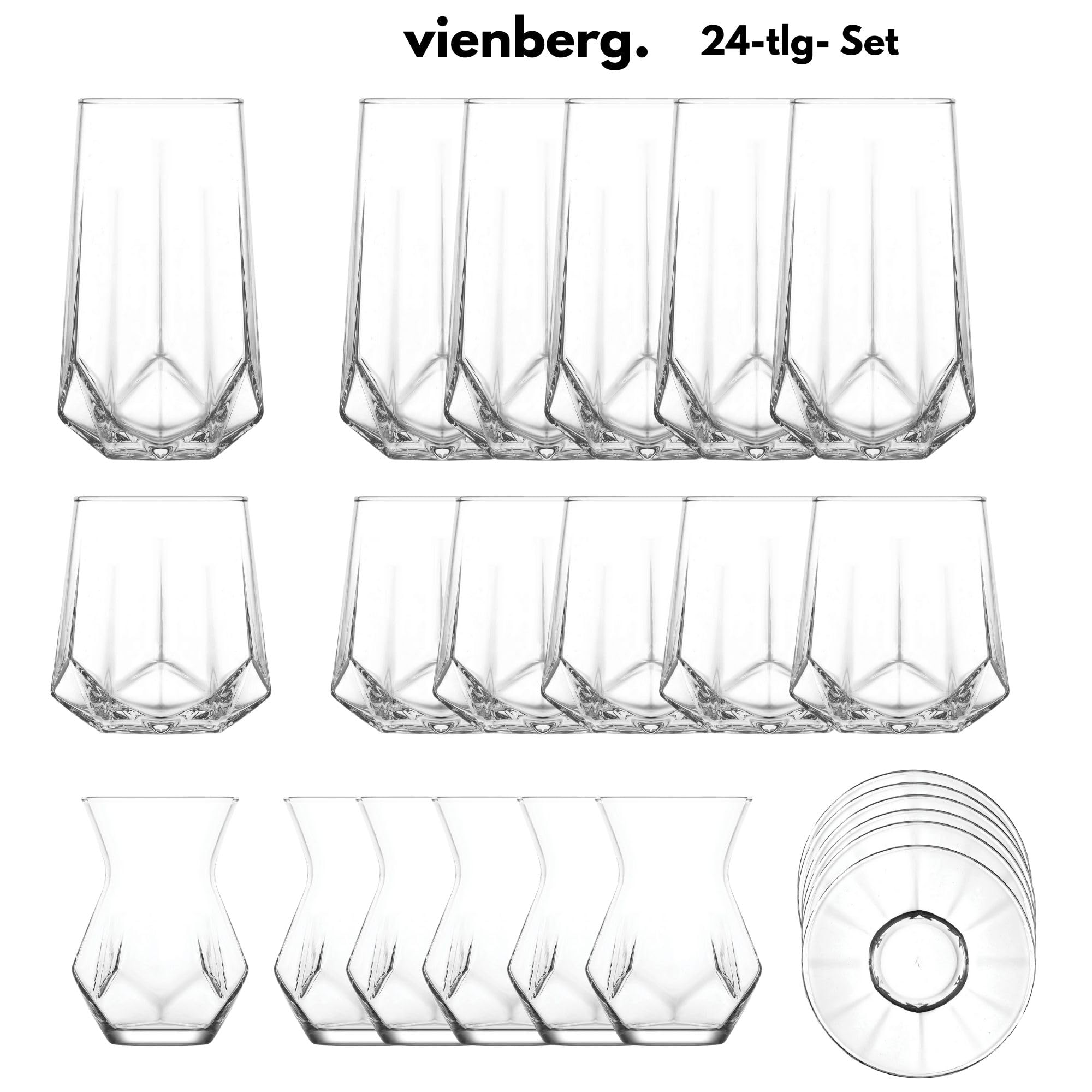Juego de 24 vasos de alta calidad para 6 personas, moderno juego completo con 12 vasos (bebida larga y vasos) + 6 vasos de té turco y platillos – diseño geométrico noble – regalo perfecto