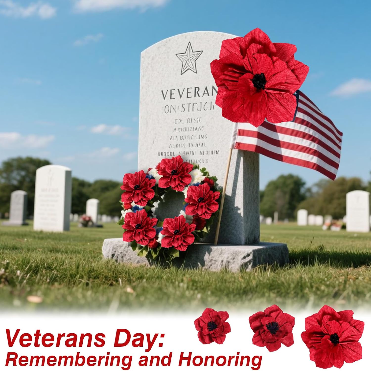 12 Pcs Artificial Poppy Flowers for 4th of July Decoration Red Paper Flowers Fake Tissue Paper Poppies Flower for Independence Day Wedding Veterans Day Carnival Party Decorations (12'' 10'' 8'')