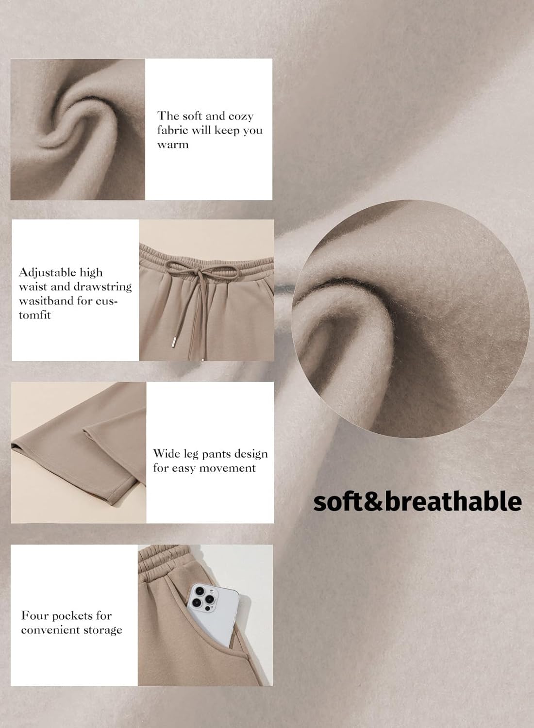 Aleumdr Women's Drawstring Cargo Pants Fall Trendy Casual Wide Leg Cotton Joggers Sweatpants Sports Lounge Pants with Pockets Simply Taupe Small - Image 4