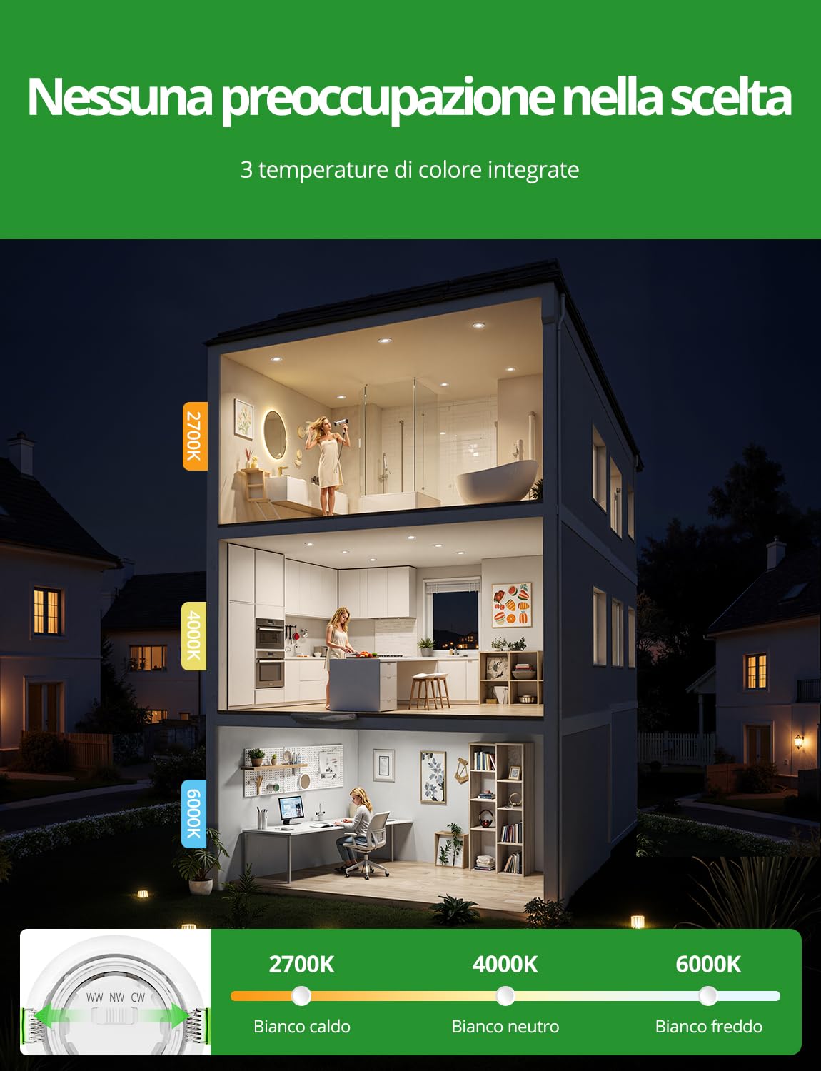 HOMEOW Faretti da Incasso per Cartongesso Bianco Dimmerabili | Faretti LED Soffitto 230V IP44 per Bagno, Faretto foro 72mm - 80mm Interno Cusina, Set di 10 + 1 Módulo LED Sostituibile