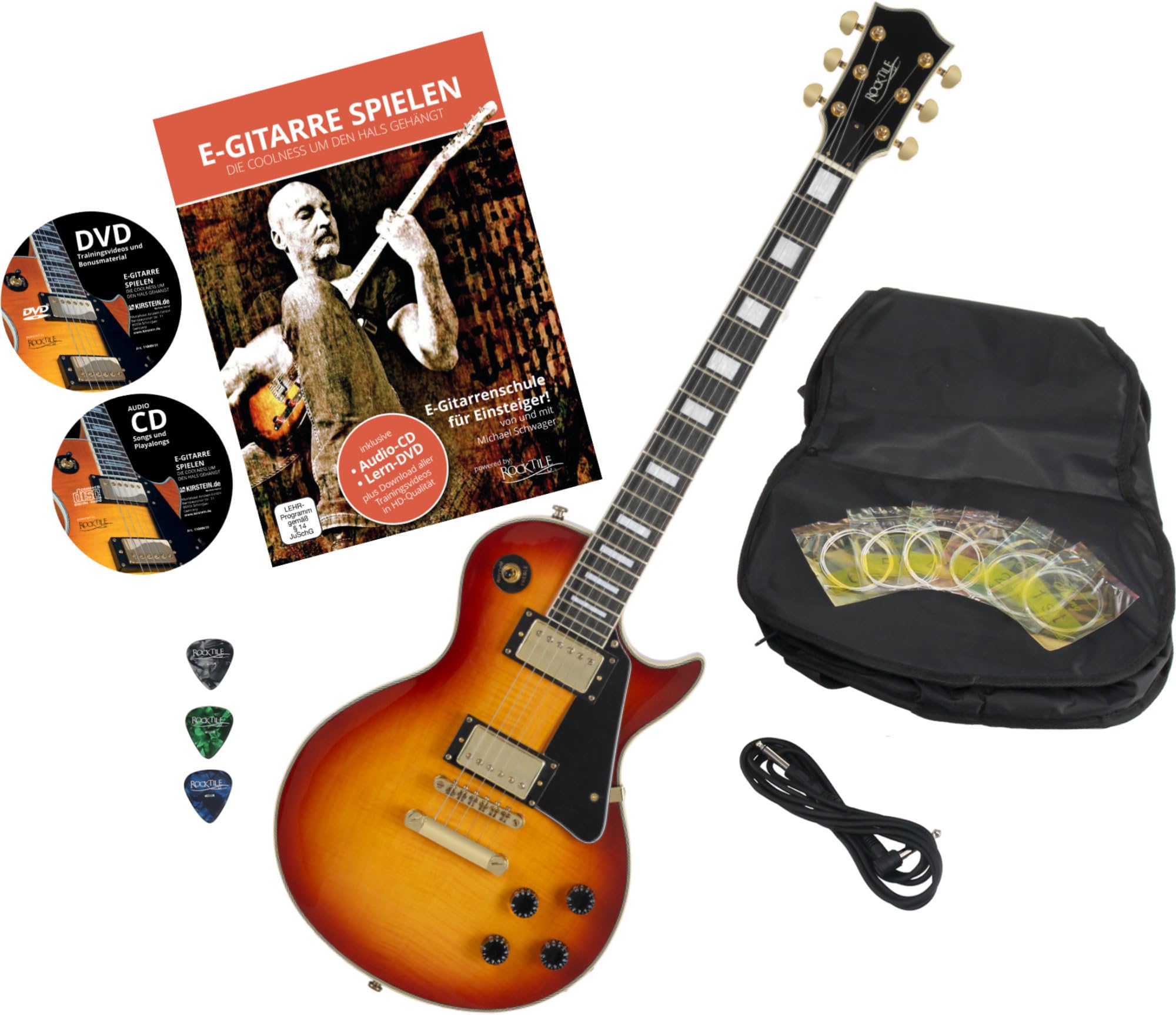 Rocktile Pro L-200OHB E-Gitarre Orange Honey Burst mit Zubehör (Gitarren Gigbag Tasche, Kabel, Plektren, Gitarren Schule mit CD & DVD, Gitarrensaiten)