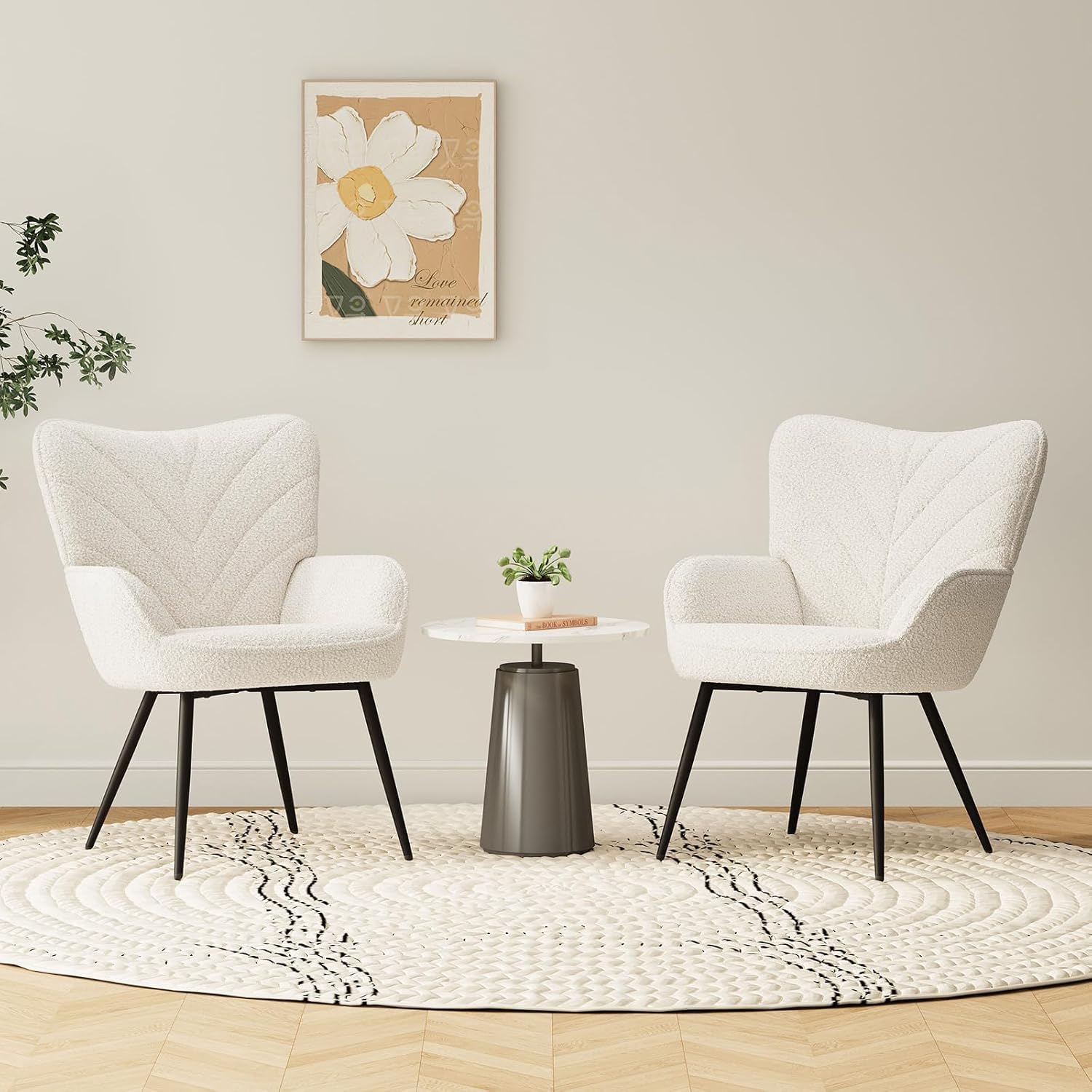 Mid-Century Modern Beige Sherpa Accent Chair, Upholstered Armchair for Living Room/Bedroom/Reading Corner, Curved Back & Padded Seat, High-Density Cushion, Soft Cozy Fabric,Set of 2