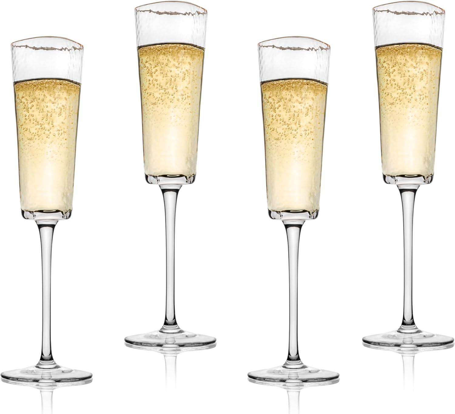 Bec's Designs Gold Rimmed Champagne Flutes – Set of 4, 6oz Handblown Triangular Hammered Glass – Elegant Stemware for Mimosas, Prosecco & Weddings