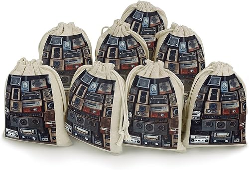 KLJHNVBM 8-Pack Drawstring Bags, 4.9x6.7 Inch Cotton Linen Small Pouches, Reusable Washable Small Storage Bag Vintage Wall of Radio Boombox Gift Bag