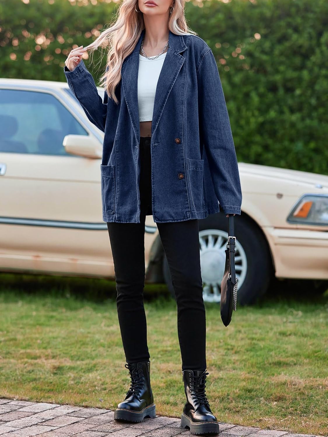 Tankaneo Womens Oversized Denim Jacket Casual Button Up Blazer Notched Lapel Jean Shacket Coat - Image 3