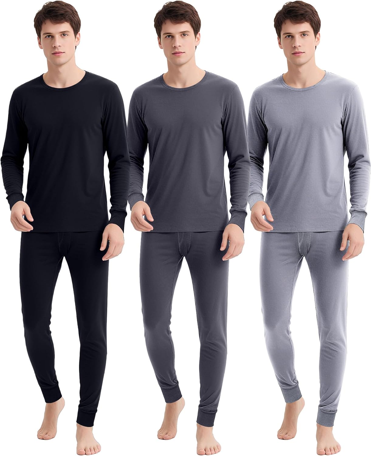 Taiyin 3 Sets Thermal Underwear for Men Cotton Thermals Top and Bottom Set Base Layer for Cold Winter