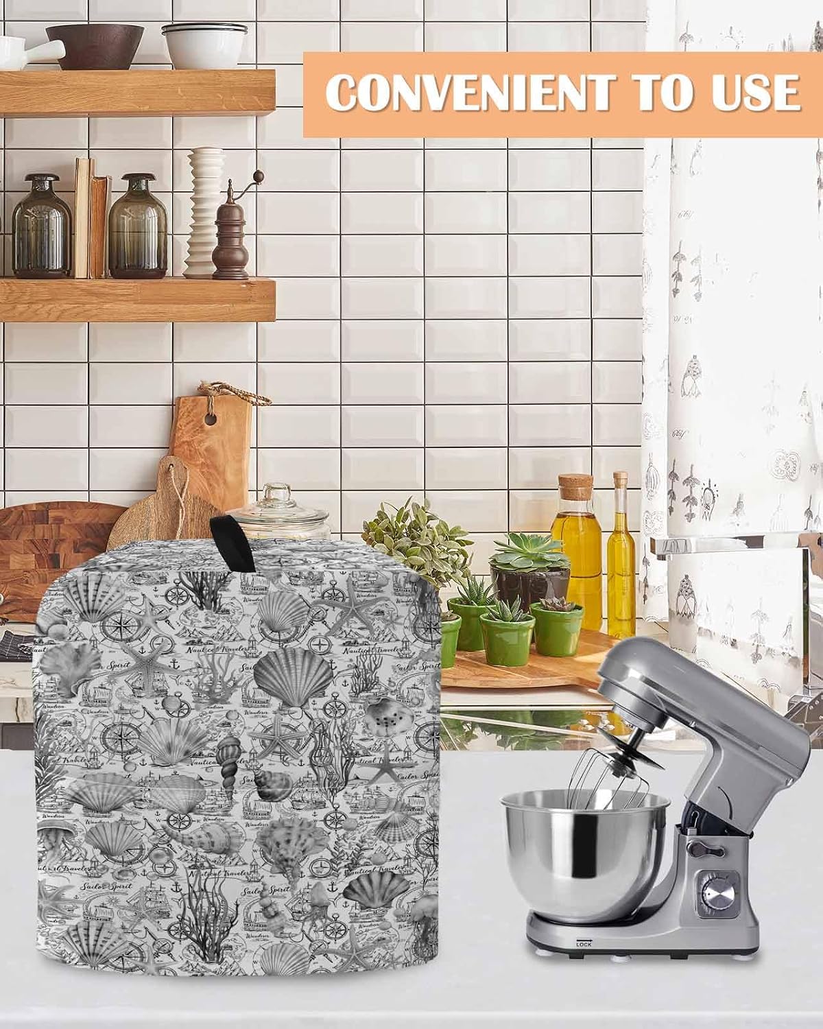 Grey Shell Starfish Coastal Stand Mixer Cover with Storage Pocket, Waterproof Kitchen Mixer Covers, Nautical Ocean Summer Beach Kitchen Appliance Dust Cover Compatible with 5-8 Quart Mixers