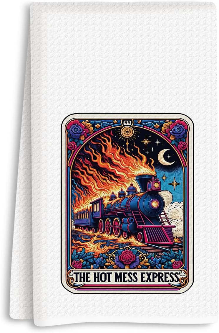 Funny Tarot Kitchen Towels, Witchy Kitchen Towels, Witchcraft Gifts, Witchcraft Supplies, Reusable Flaming Steam Train Tarot Decor Hand Towel for Holiday Home Bar Baking Bathroom Cooking