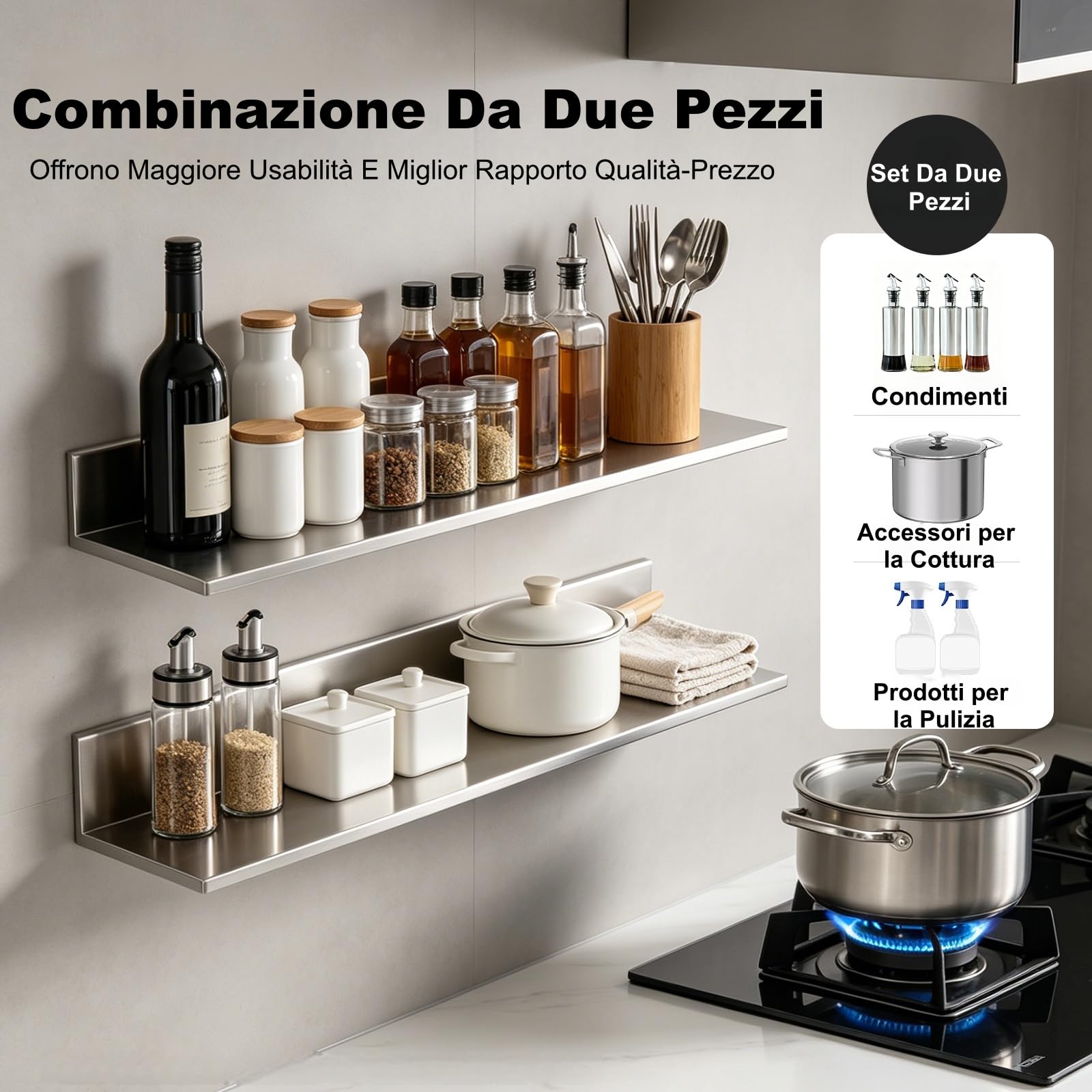 Mensola da parete in acciaio inox, 2 pezzi, 76,2 x 21,8 x 8,5 cm, mensole angolari per cucina, set di mensole a parete, mensola sospesa per caffetterie, cucine, dispense