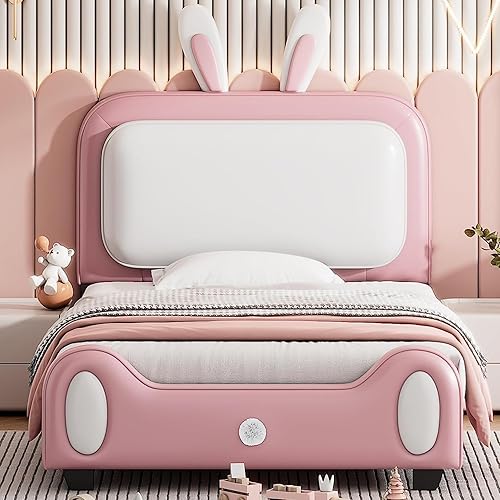 LostCat Cama de tamaño matrimonial para niños, base de cama matrimonial para niños, cama de plataforma de madera con cabecera y banco de estribo,
