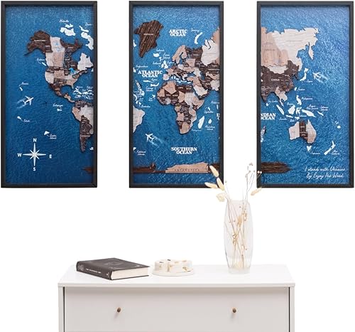 Miniatura 14 de ENJOY THE WOOD Arte de pared con mapa del mundo enmarcado, decoración de viaje de madera, mapa del mundo 3D en tablero, 3 paneles, decoración