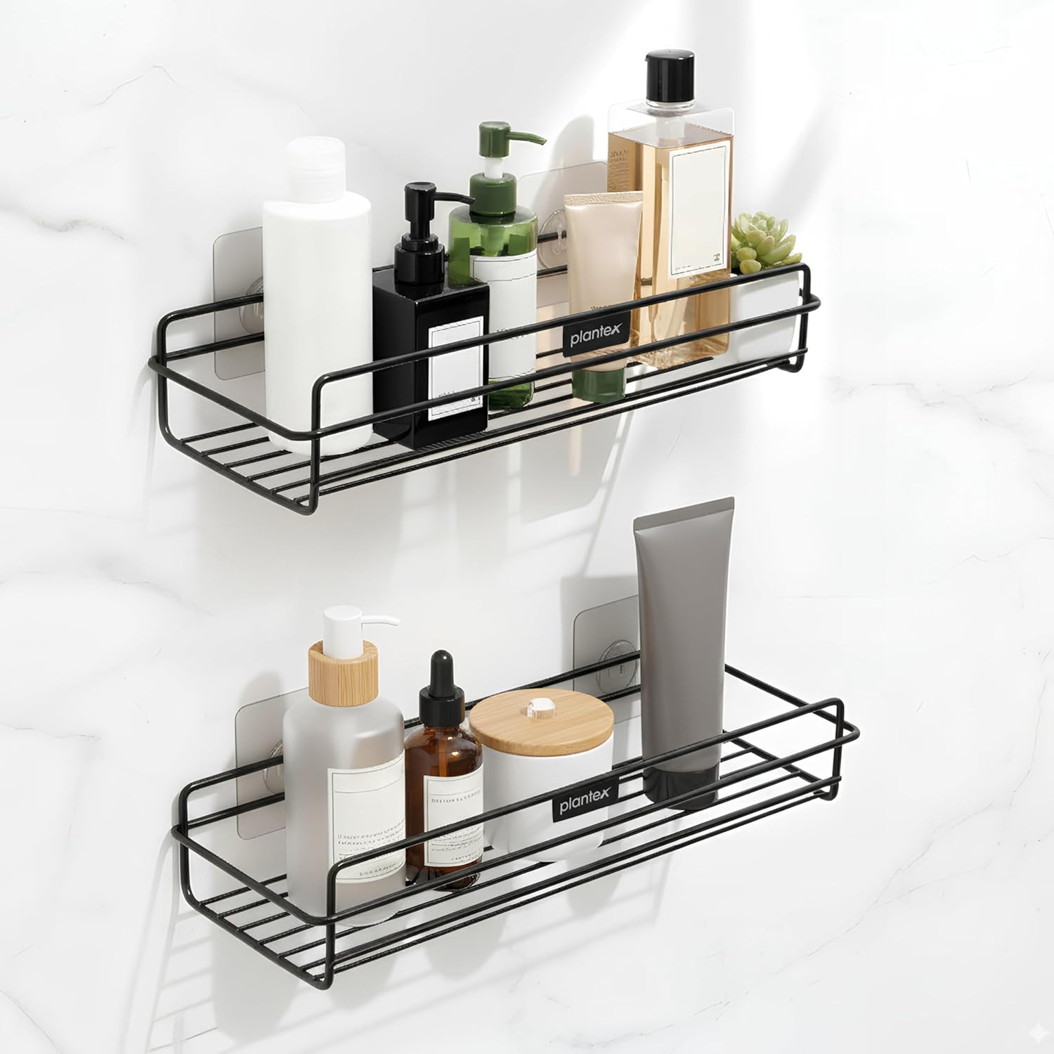 Plantex Self Adhesive Bathroom Shelf Rack/Bathroom Organiser Without Drill//GI-Steel Shelf for Kitchen with Magic Stickers/Bathrooms Accessories – Pack of 2 (12×5 Inches, Black)